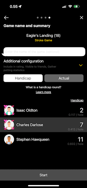 Handicap selection on round starting flow in Upsi app