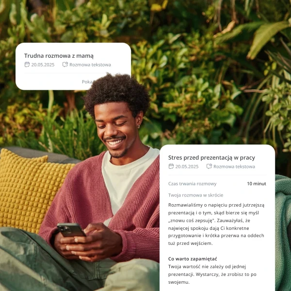 Person using the Psychia app with conversation history cards