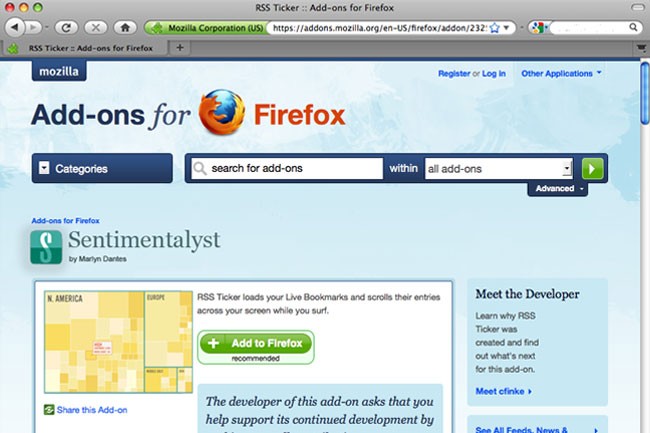 A screenshot shows the Mozilla Add-ons for Firefox page. The title "Add-ons for Firefox" is prominently displayed at the top. Below it, a search bar labeled "search for add-ons" is present. The page includes tabs for "Categories" and "Advanced." A section titled "Sentimentalyst" displays a map and a green button labeled "Add to Firefox," with a note indicating it's recommended. The page also has a section titled "Meet the Developer" with text about RSS Ticker, including information about its creator and functionality. A portion of the address bar is visible at the top, showing part of the URL.