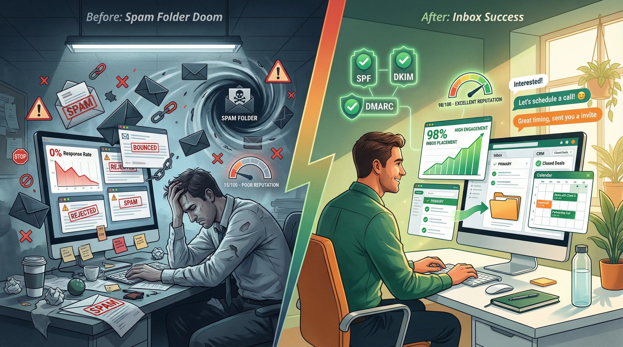 Before and after split-screen showing the transformation from spam folder chaos to inbox success with high engagement