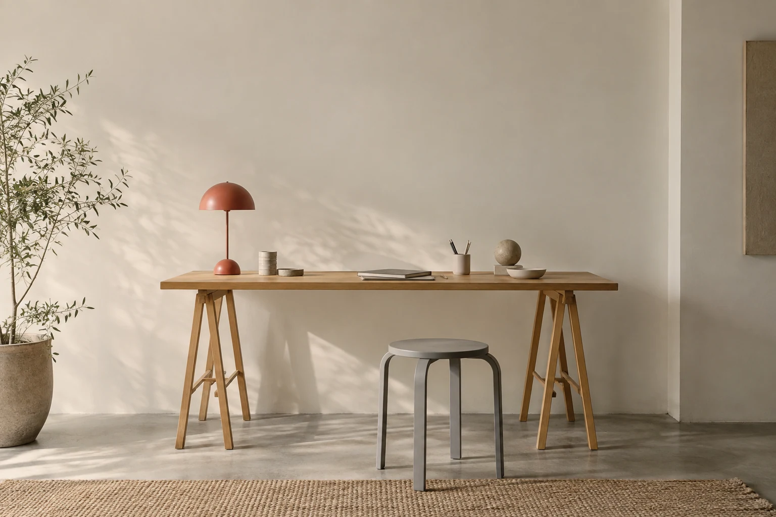 Wide view of a simple trestle desk with muted coral lamp, gray stool, a few tiny stationery objects and a pale wall, quiet minimal interior