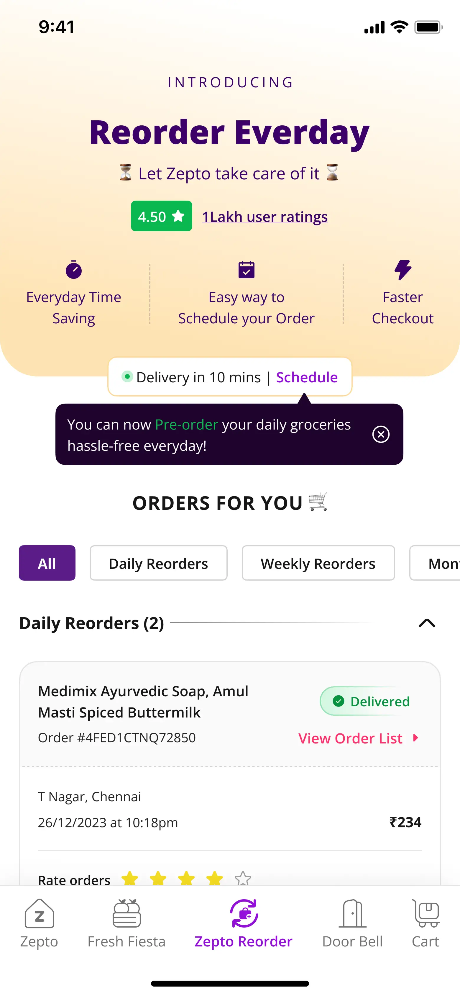Zepto Reorder Everyday Screen