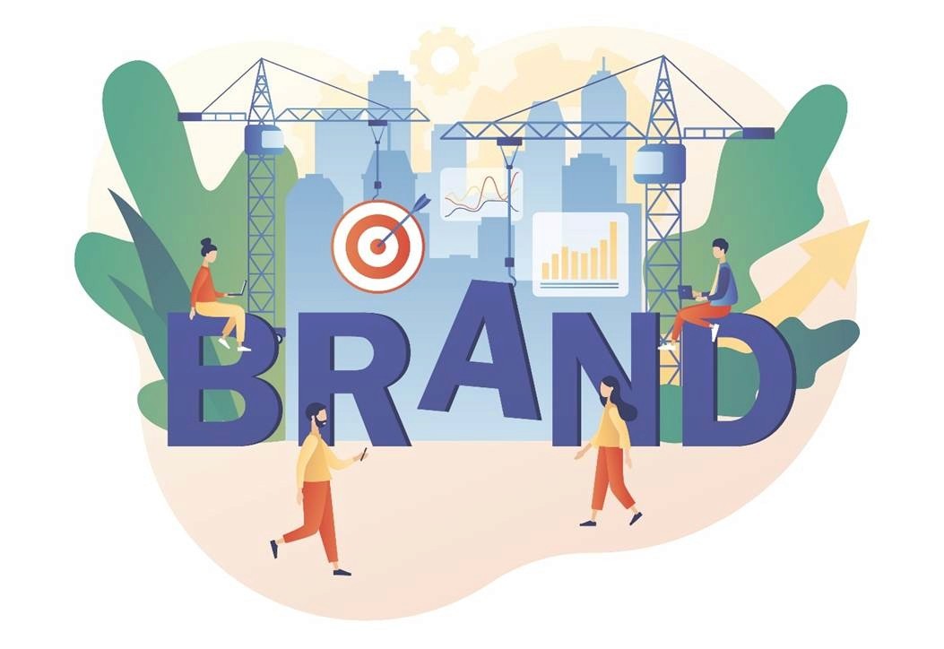 Illustration of marketers building a brand with cranes, analytics charts, and a target representing brand growth strategy