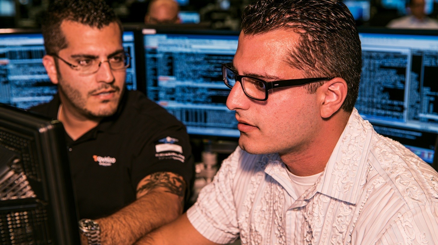 Two integration engineers connect a modern collections platform to a legacy core-banking system, validating field mappings and data transfer across side-by-side monitors