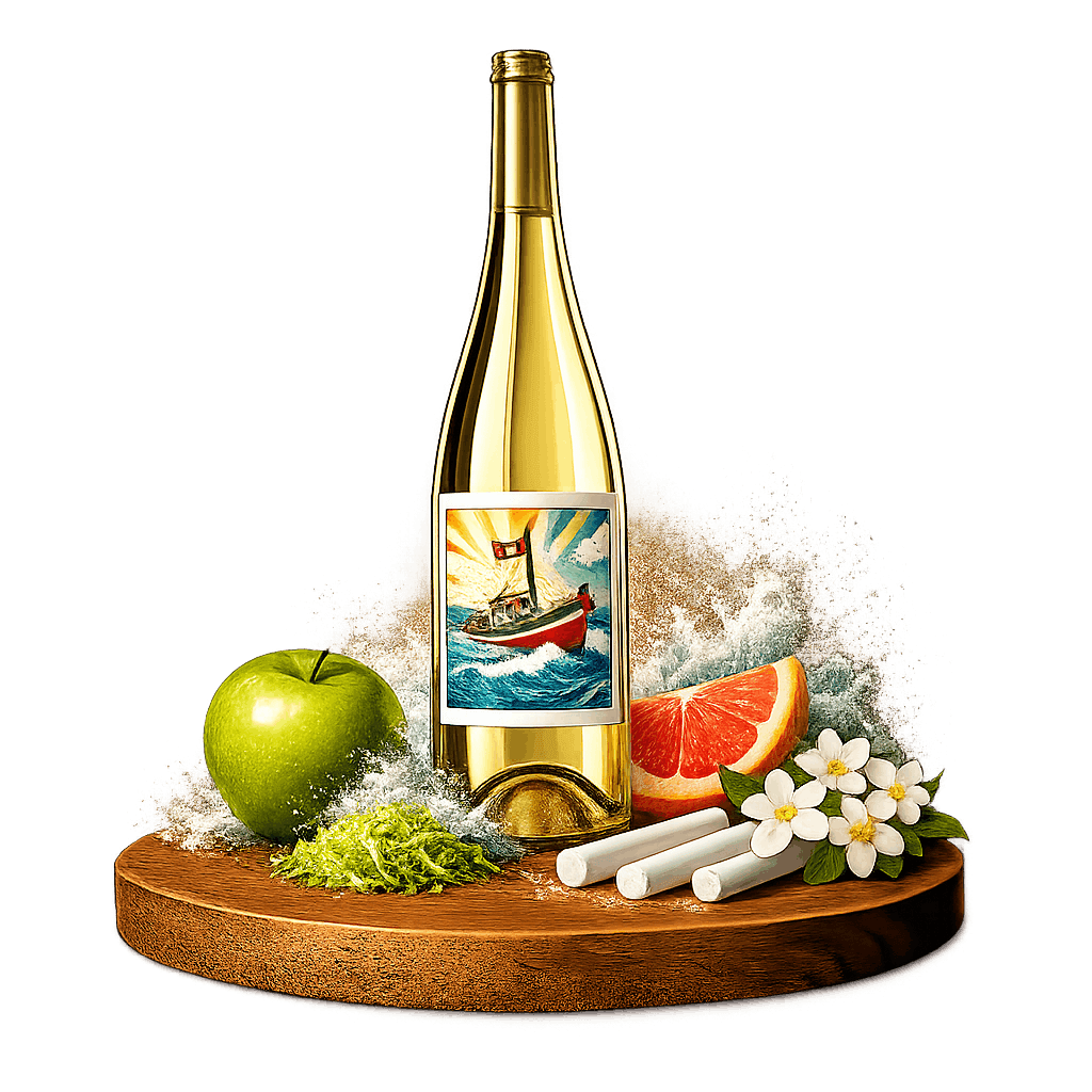 Artistic label and flavor profile for Spanish Txakoli on a rustic wooden table.