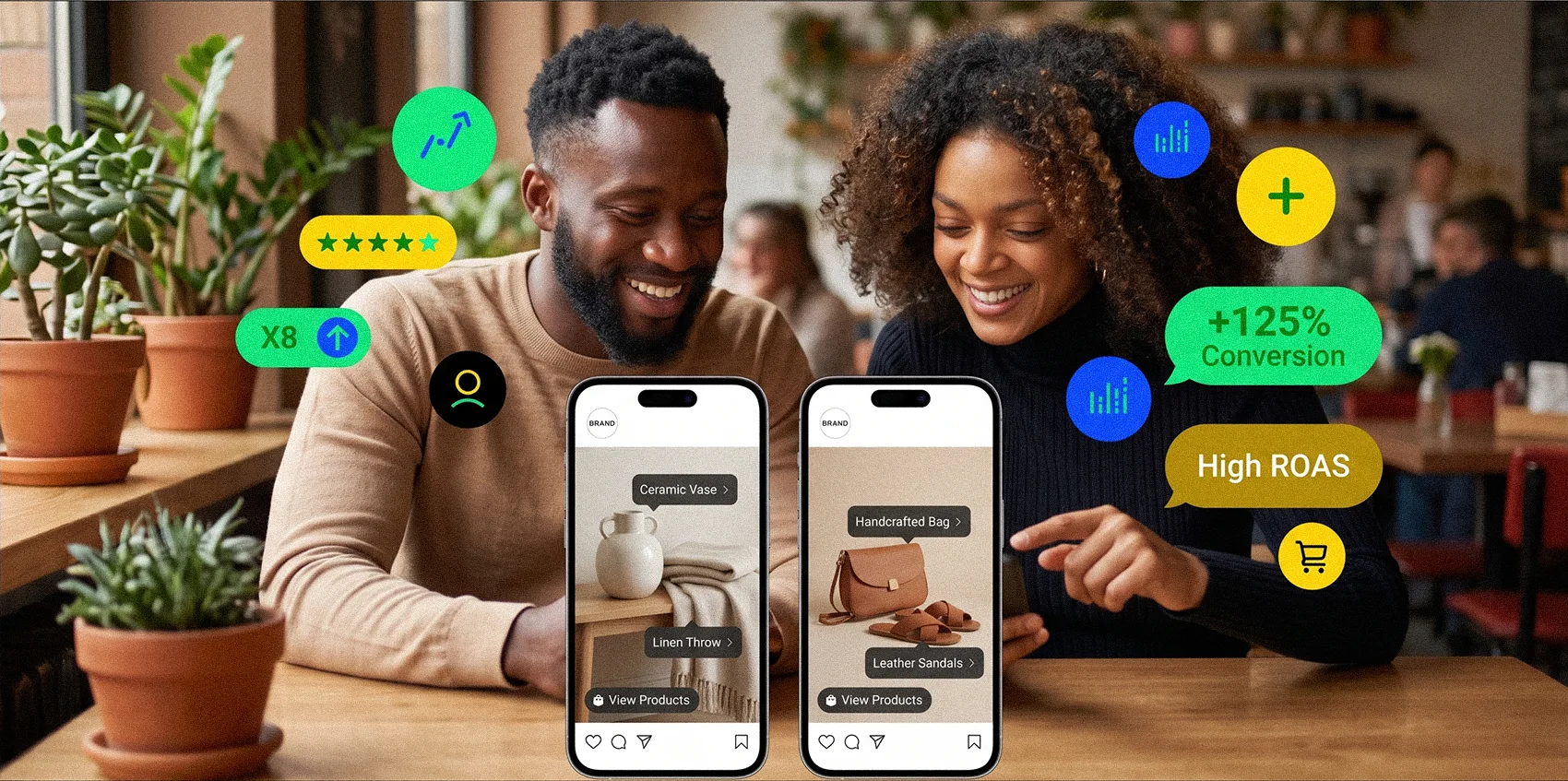 Couple shopping shoppable posts on smartphones showing +125% conversion high ROAS growth icons - Instagram shopping results