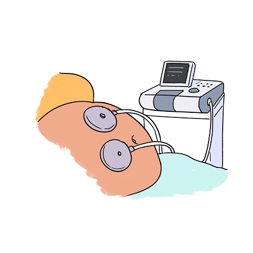 An illustration of a machine next to a pregnant person's belly. There are pads placed on the belly. These pads give readings to the machine through wires.