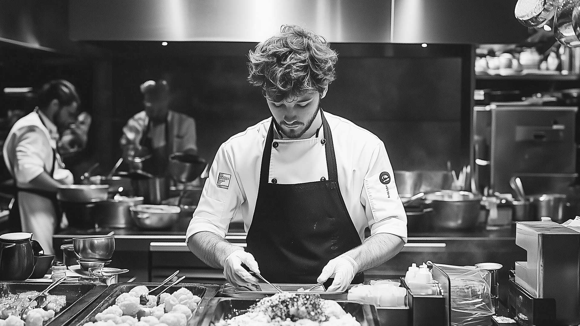 Шеф-кухар працює на професійній кухні з промисловим обладнанням