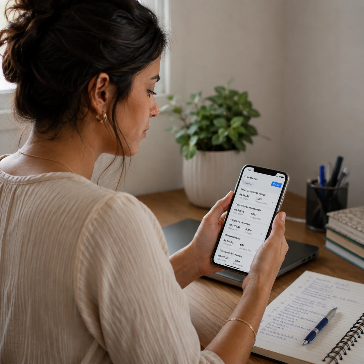 Mulher jovem sentada à mesa analisando campanhas de tráfego pago no celular, com painel do Meta Ads visível na tela