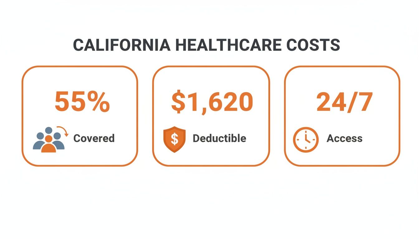 Infographic detailing California healthcare costs: 55% covered, $1,620 deductible, and 24/7 access.