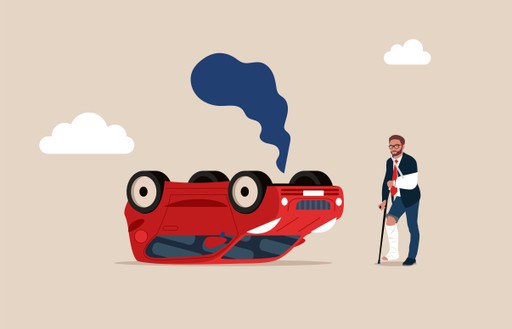 dibujo animado de accidente automovilístico mostrando a un hombre herido en traje