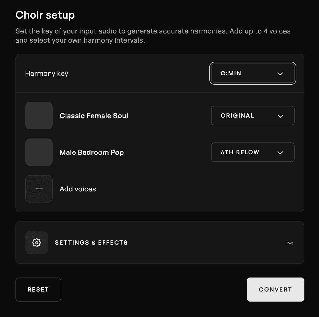 Voices selected in the Choir voice setup section of the Harmony Generator.