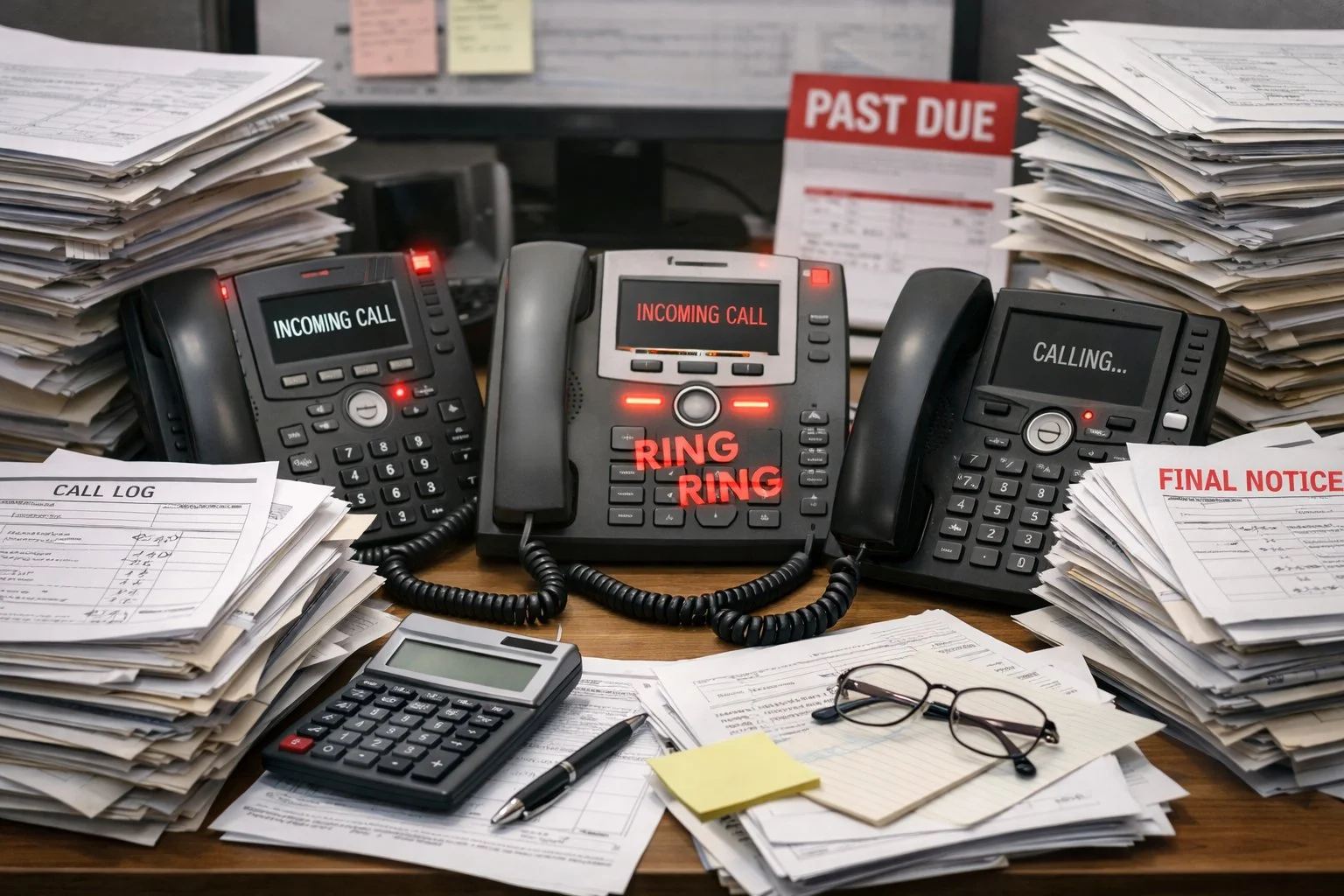 Desk with multiple ringing phones and stacked call logs, representing pressure from private collection agencies, no people visible.