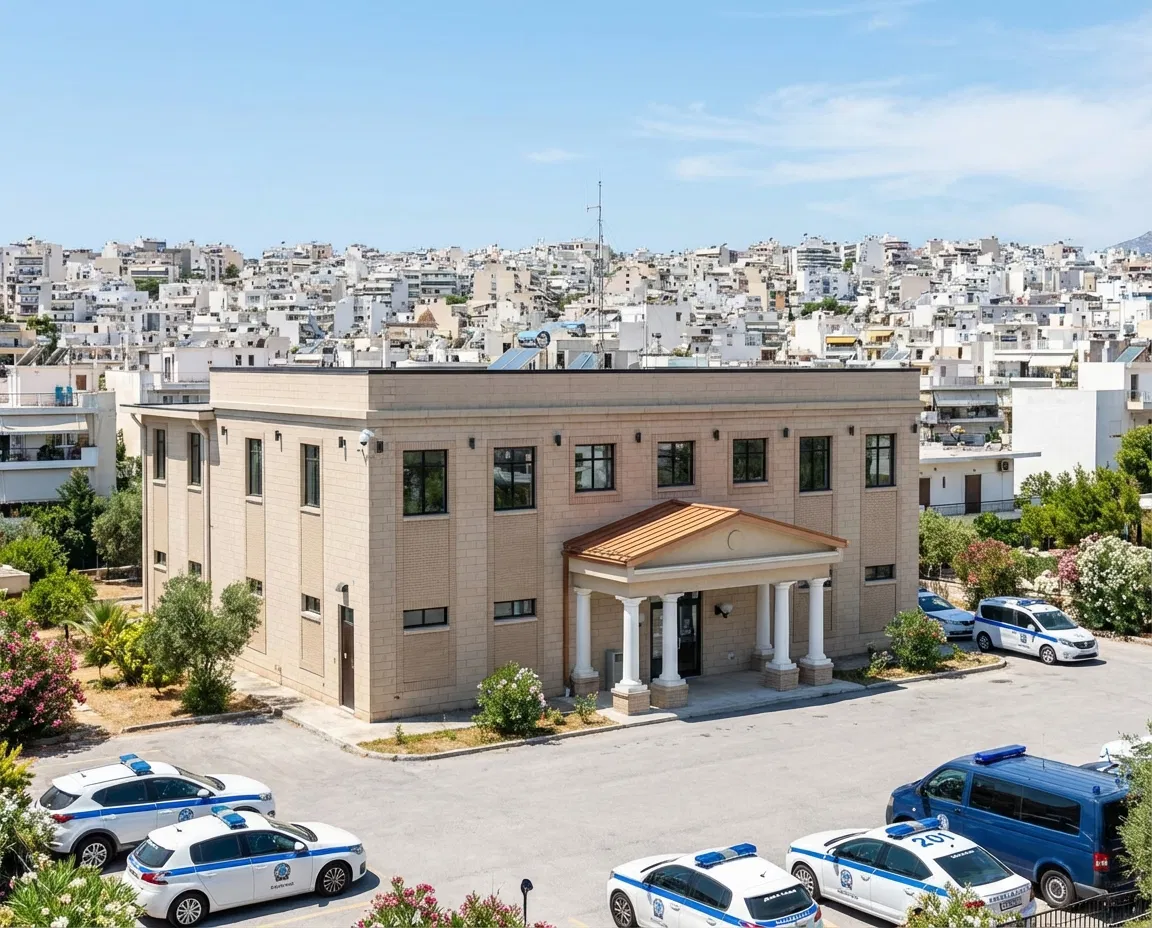 Exterior view of a Greek police headquarters building with police vehicles parked outside.