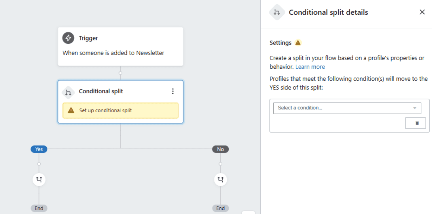 Add Split.png – Klaviyo flow editor showing a conditional split setup with an empty condition field.