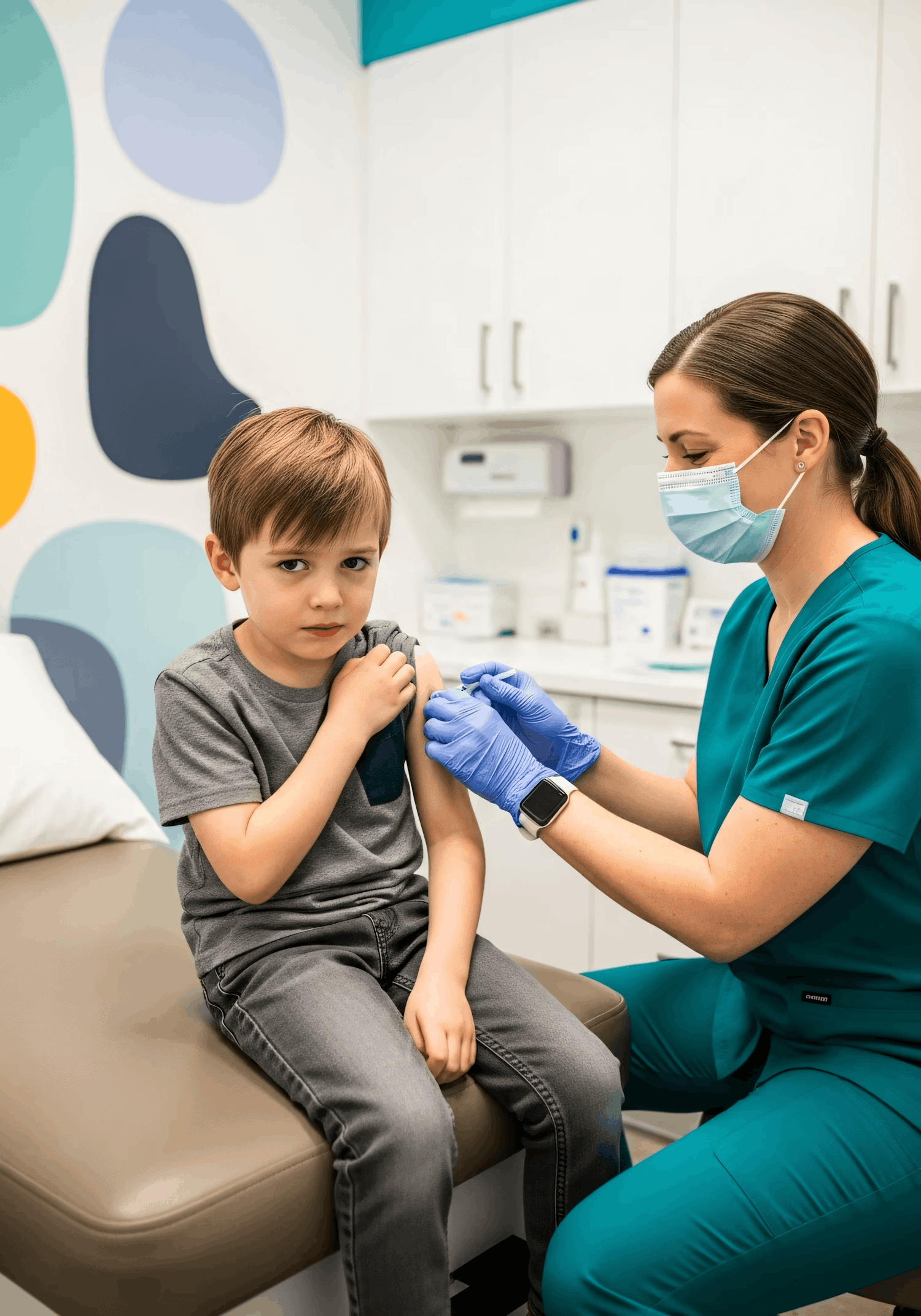Nurse injects a nervous boy with a vaccine.