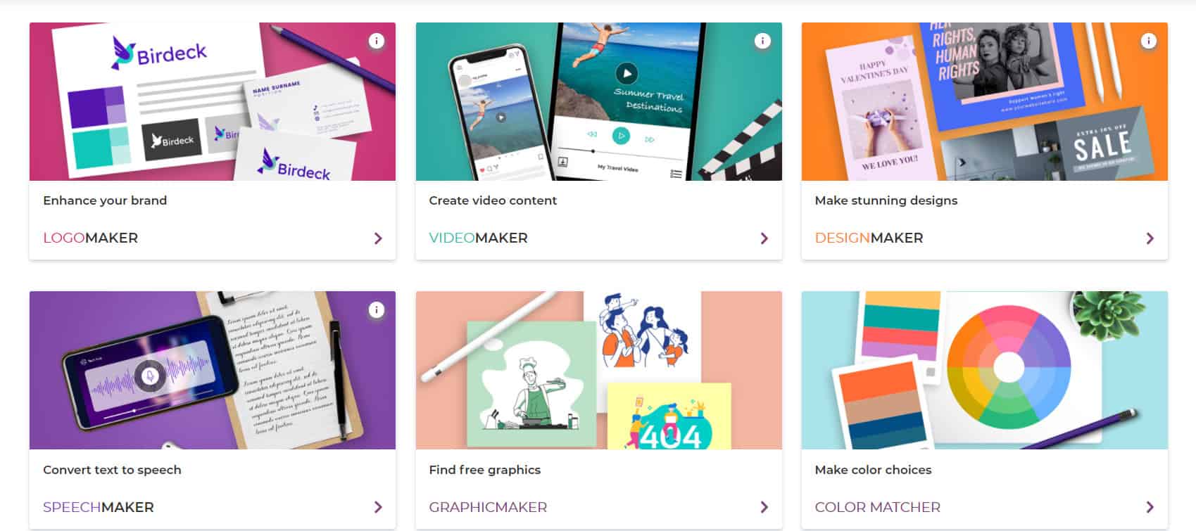 Designs.ai showing all six AI tools in the platform overview