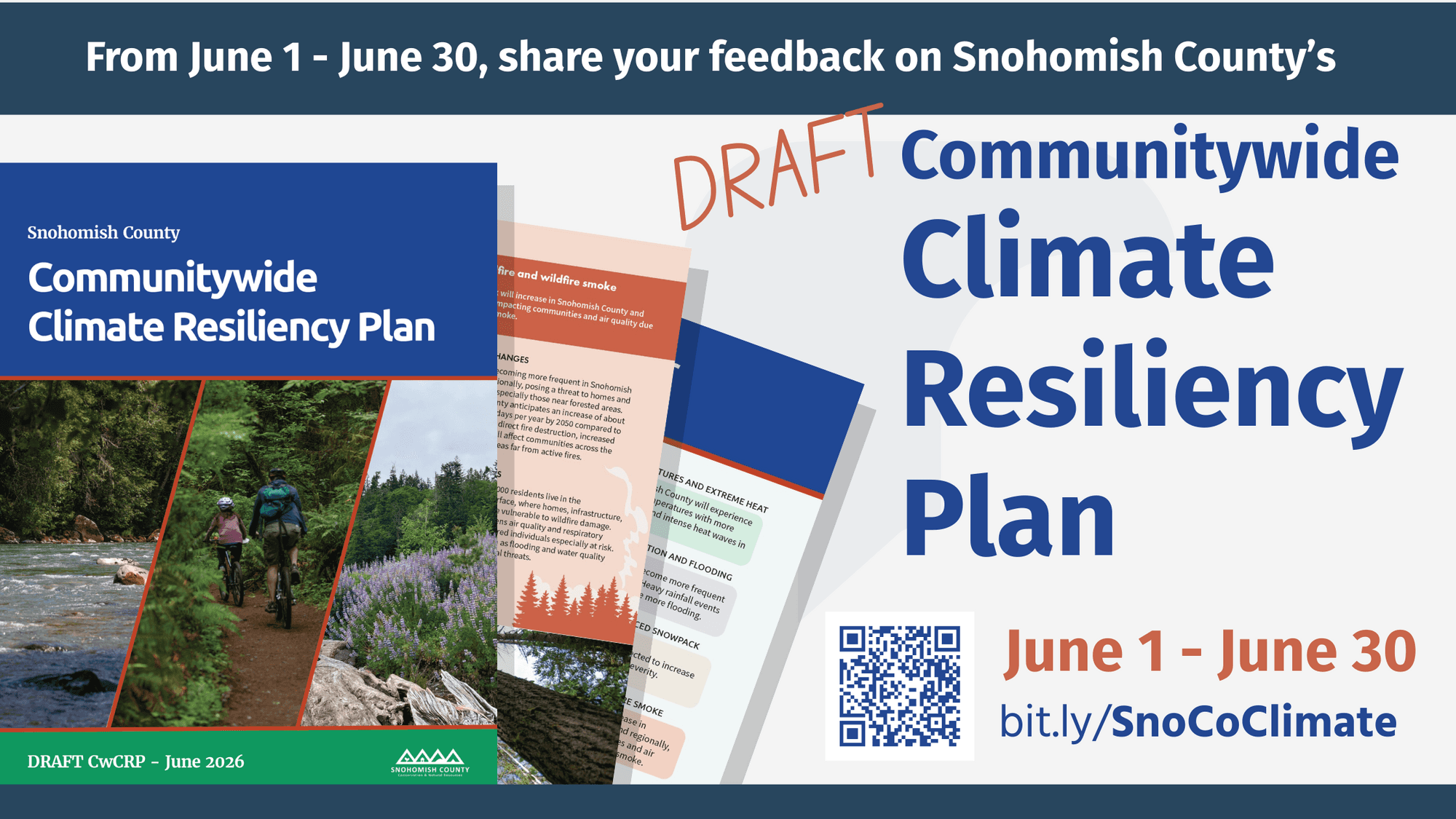Renderings of the report surrounded by text: We want your feedback on the Draft Communitywide Climate Resiliency Plan. June 1-30.