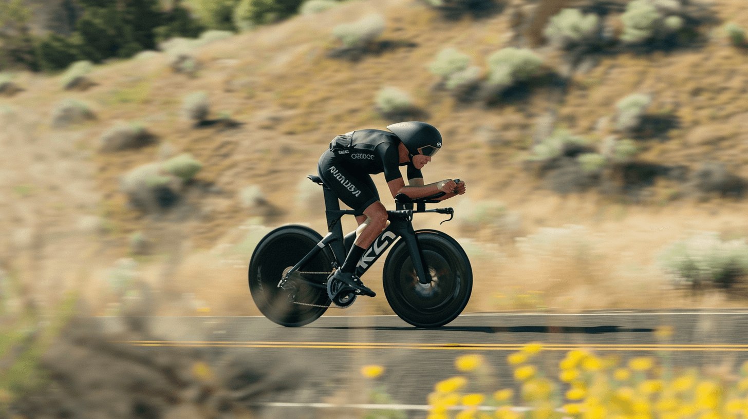 Triathlete on a time trial bike riding on a road