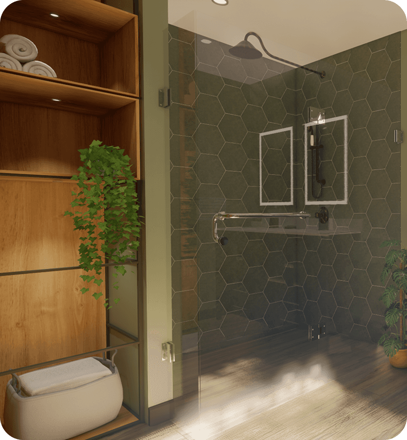 Modern bathroom with forest green tile and natural lighting.