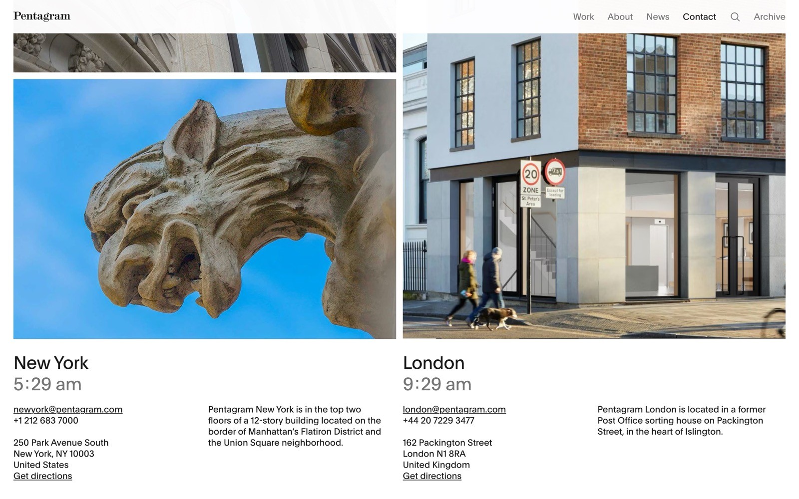 Gargoyle close-up with blue sky in New York, text details location and contact. London office exterior next to pedestrian zone sign.