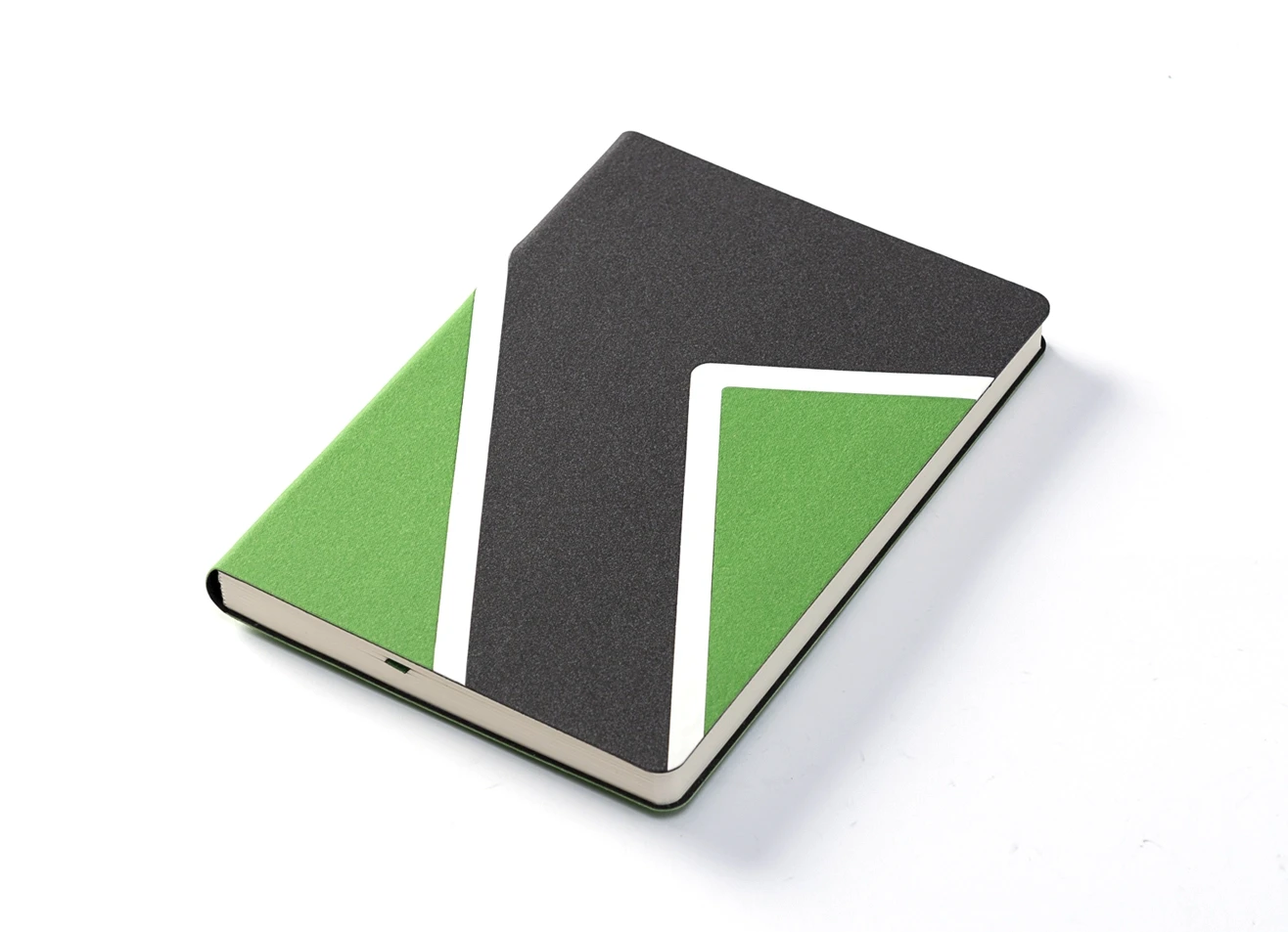 Angled view of color-block notebook with white accents.