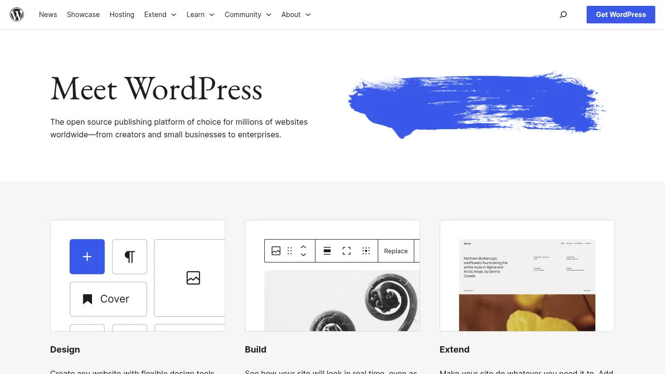 Page d’accueil WordPress.org - aperçu de la plateforme open source