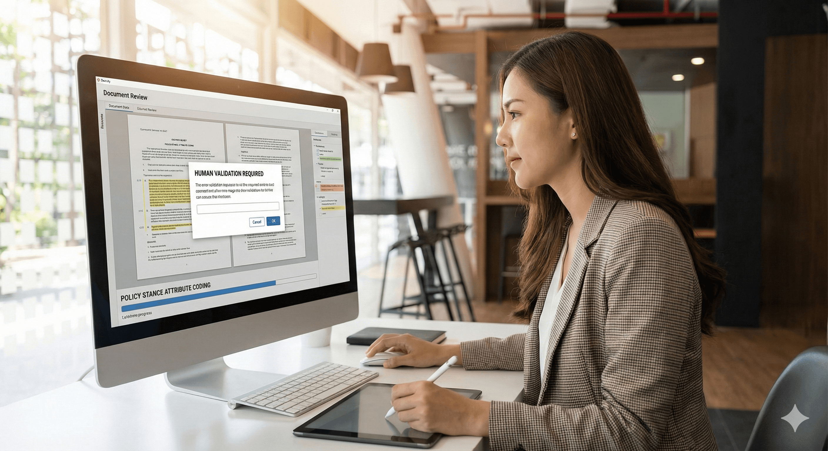 A woman is working at a desk in an office, focused on a computer screen displaying a document review interface, showcasing the use of the GABRIEL Toolkit to scale qualitative research with GPT.