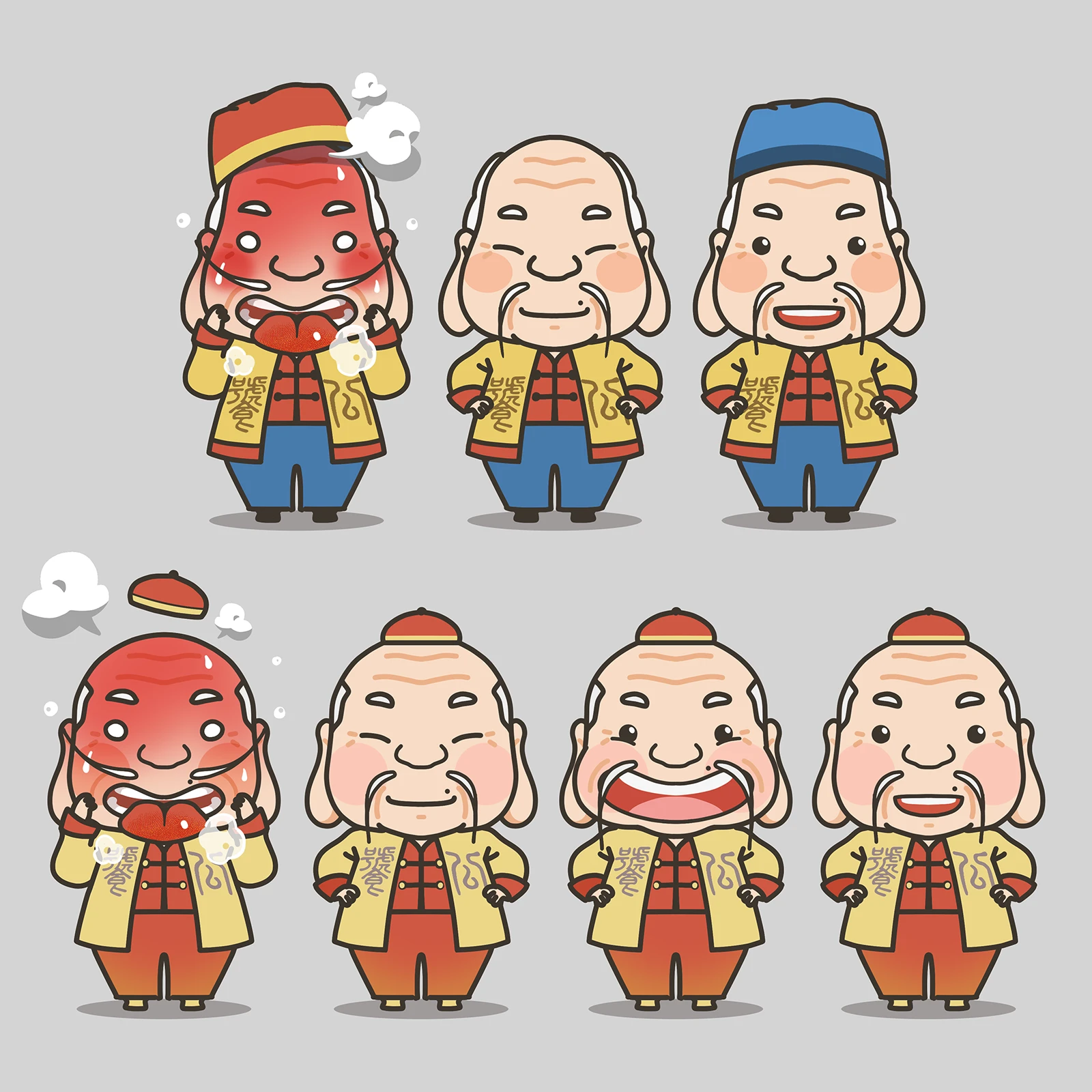 饕公角色表情設計｜紅臉吃辣動作｜幽默插畫