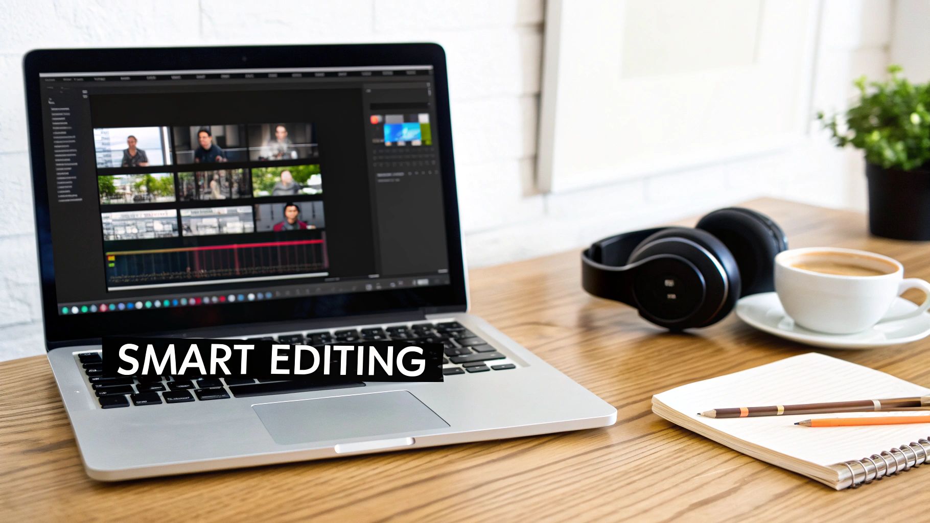 A laptop with video editing software on a desk next to headphones, coffee, and a notebook, highlighting smart editing.