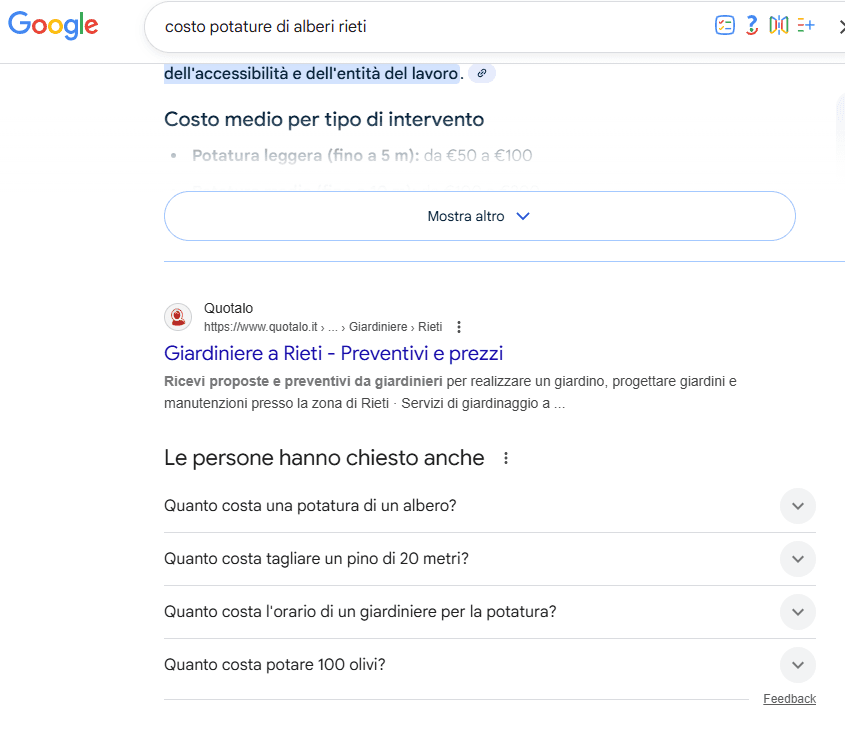screen di ricerca di agriturismo aprilia con snippet People also ask