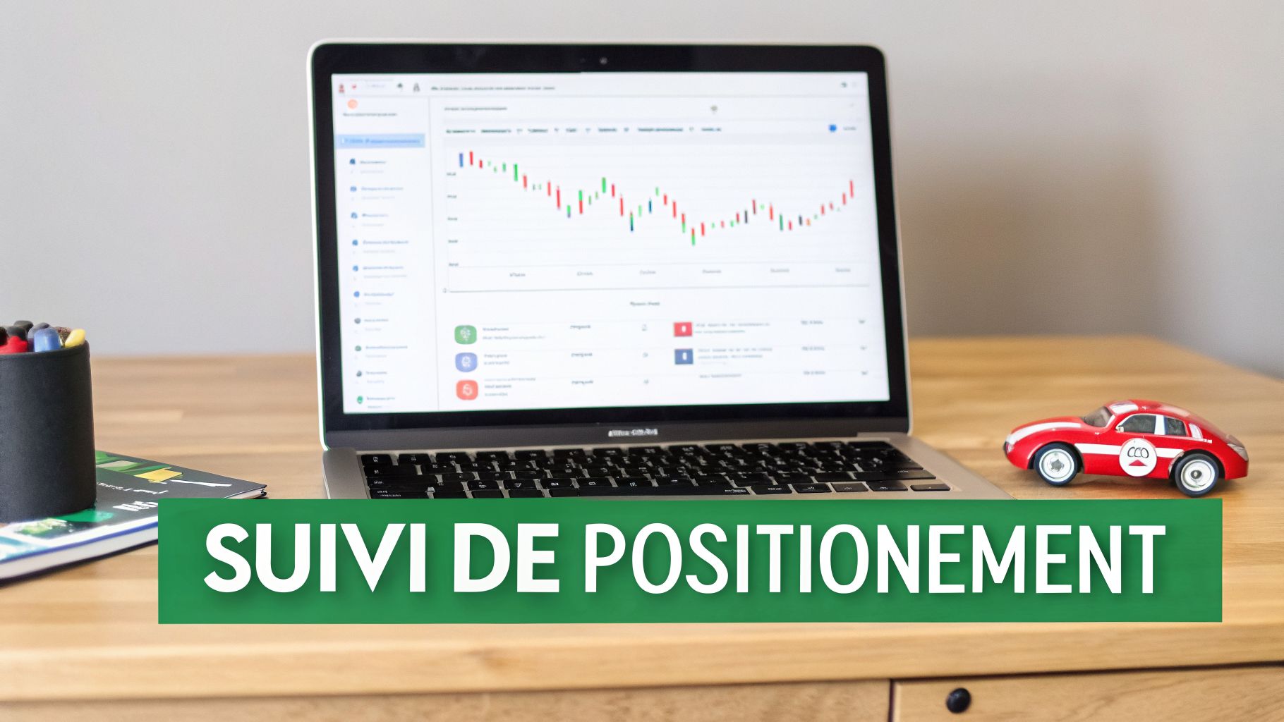 Laptop sur un bureau en bois affichant un graphique d'analyse. Des fournitures de bureau et une voiture miniature sont également présentes. Idéal pour le suivi de positionnement.