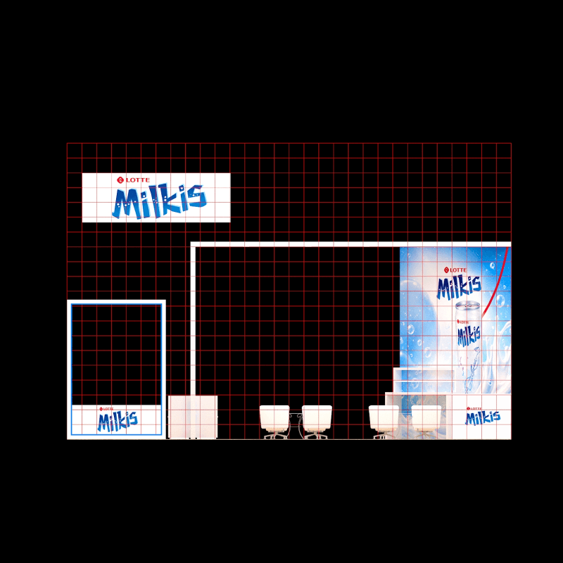 20x30 product sampling exhibit with overhead branding, reception, storage, and buyer meetings