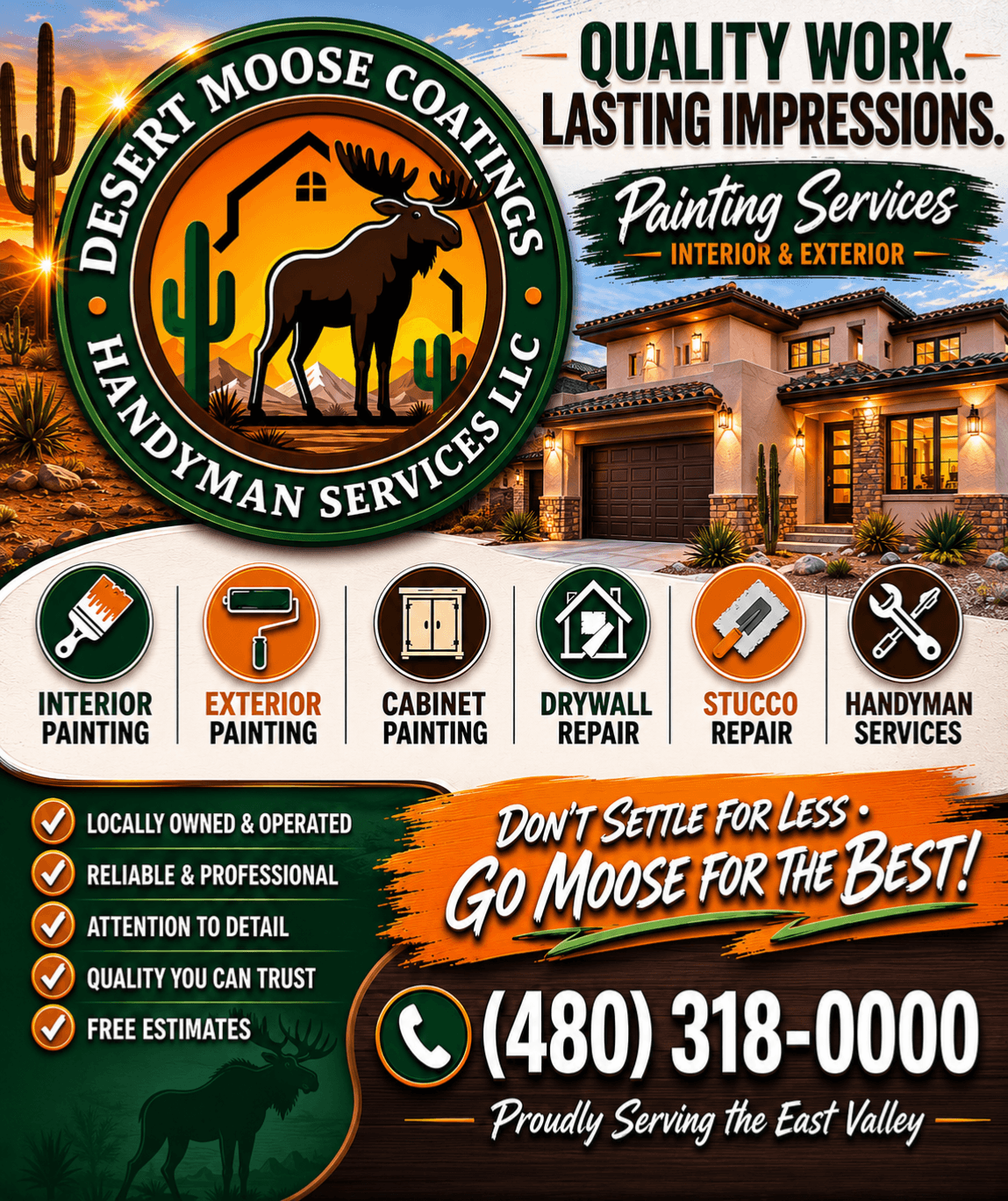 Desert Moose Coatings promotional graphic highlighting painting, drywall, stucco, handyman services, and contact information.