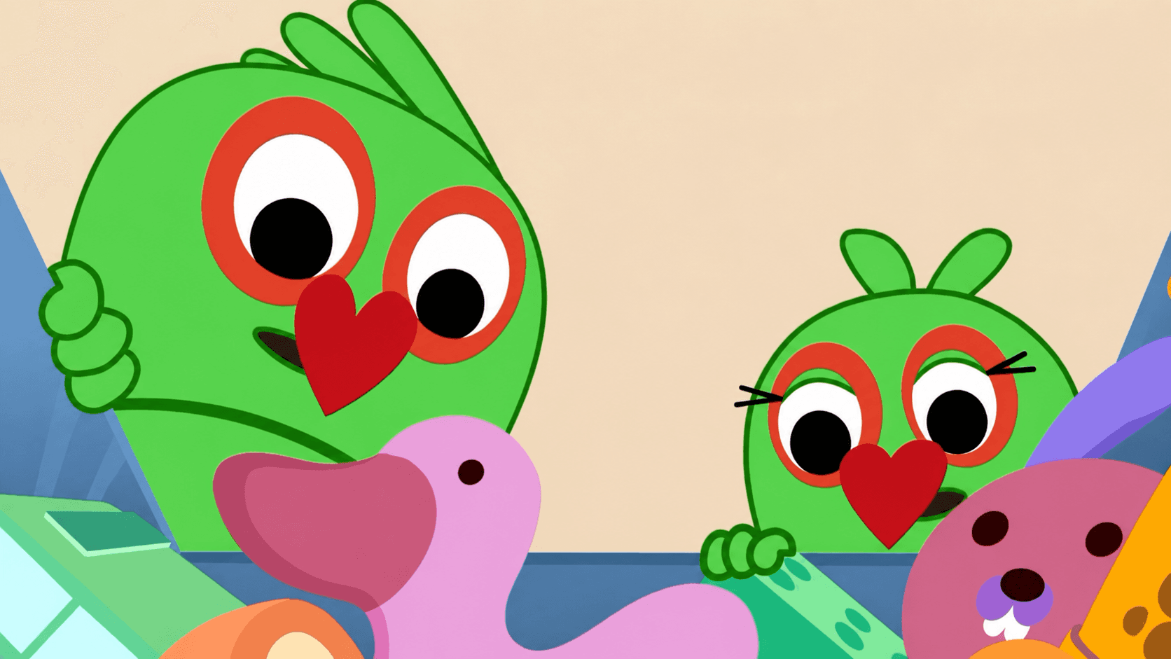 Grabby — Piku and Tuki playing with toys from the toy box
