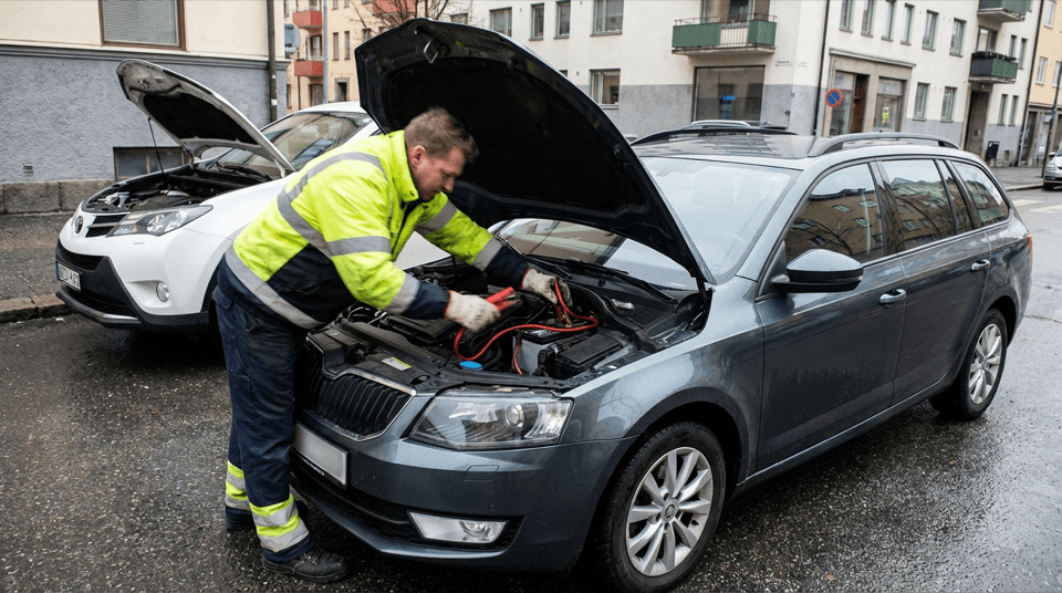 odpalanie samochodu kablami rozruchowymi przez pomoc drogową Mago Car