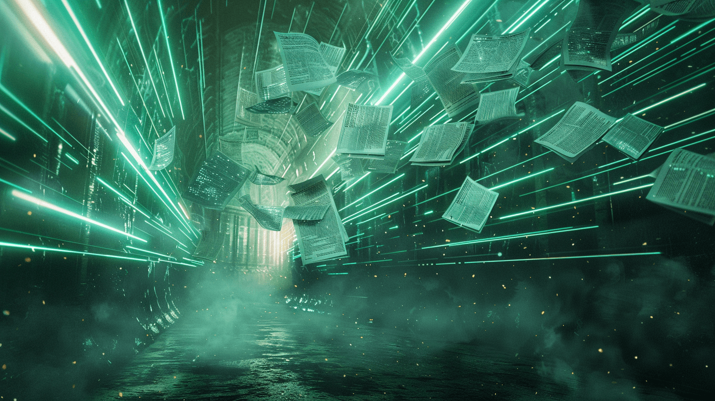 papers and headlines flying chaotically in the air like noise, while a single document is carefully placed into a formal archive or library, symbolizing legitimacy and permanence