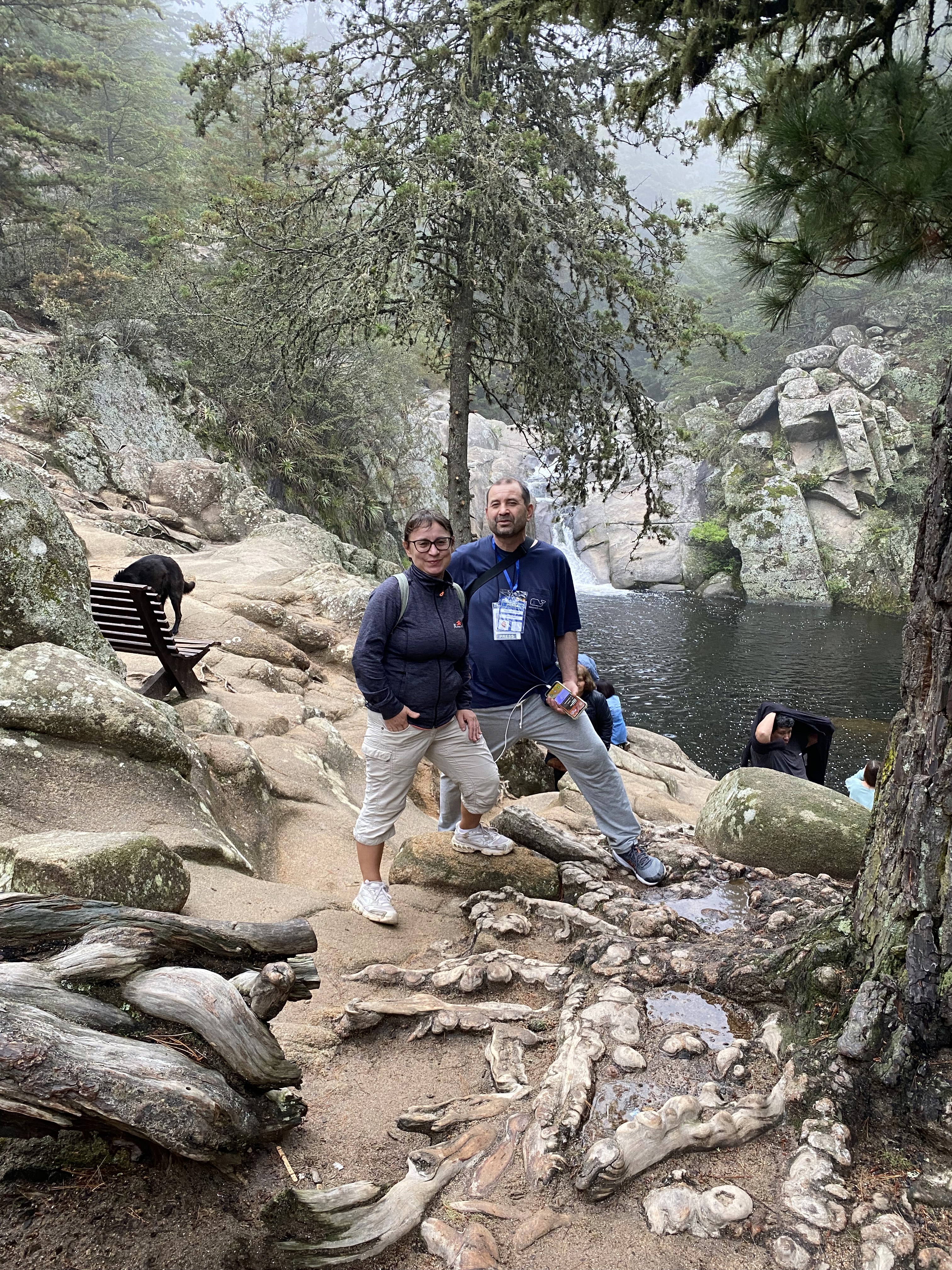 Mujer sentada sobre un tronco frente a una cascada doble en un bosque frondoso de Argentina.