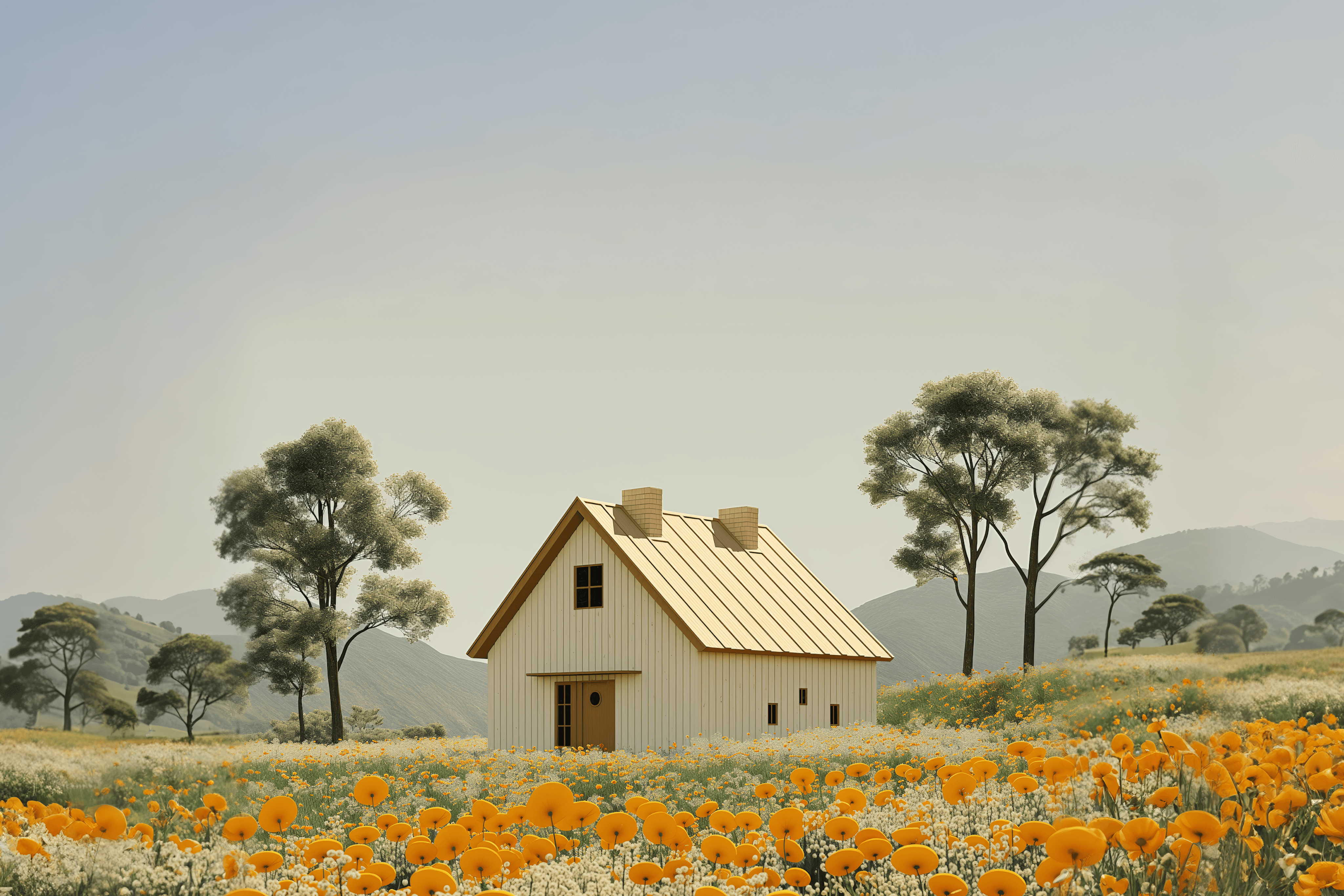 Trees and flowers groing and a barn in the center