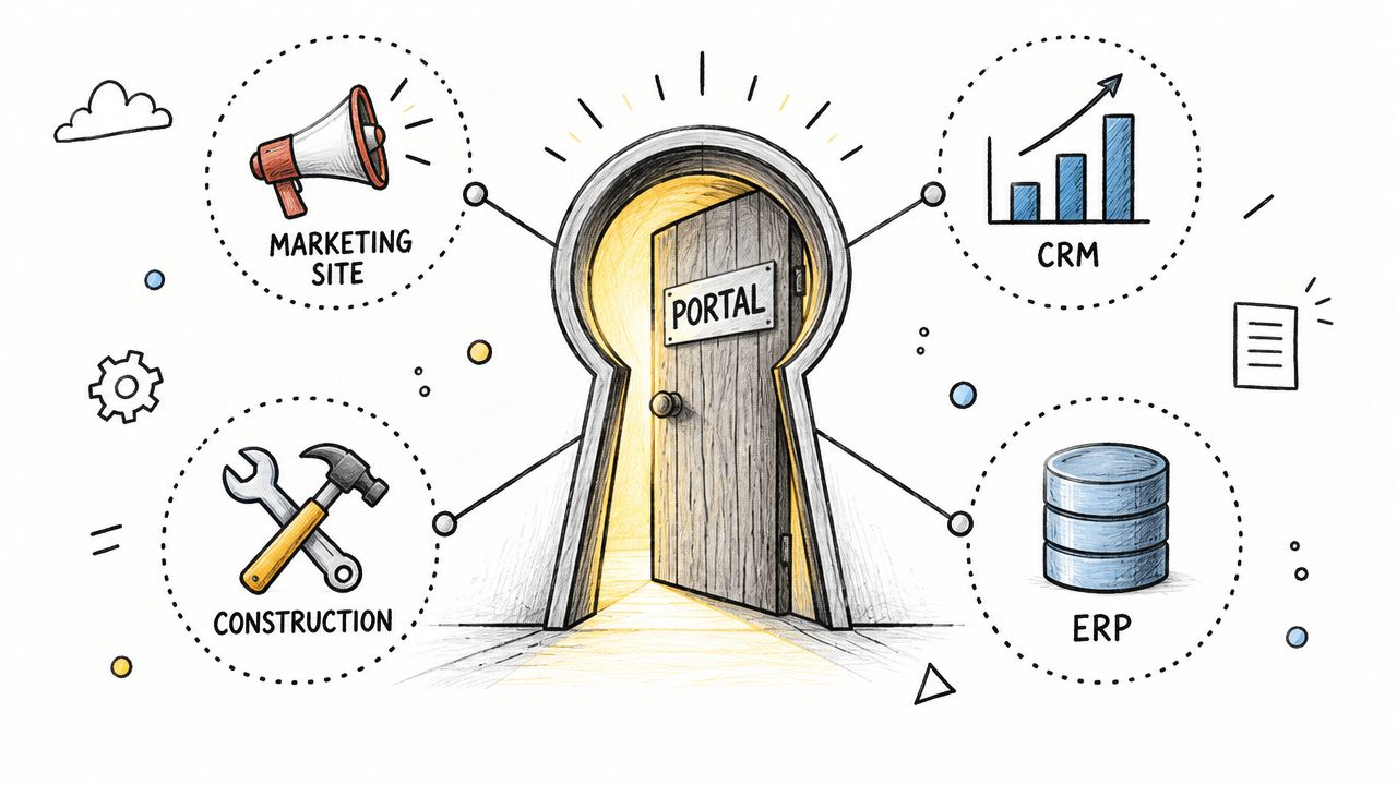 An illustration showing a central portal door connected to marketing, CRM, construction, and ERP business systems.