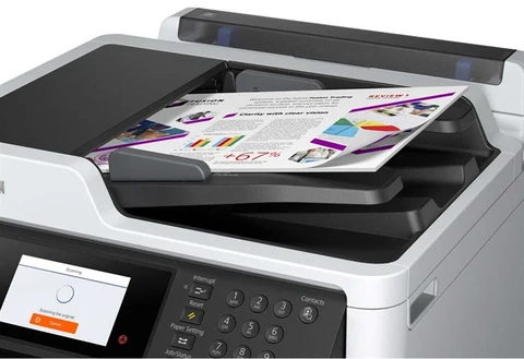 Epson WorkForce Pro automatic document feeder printing a colour document