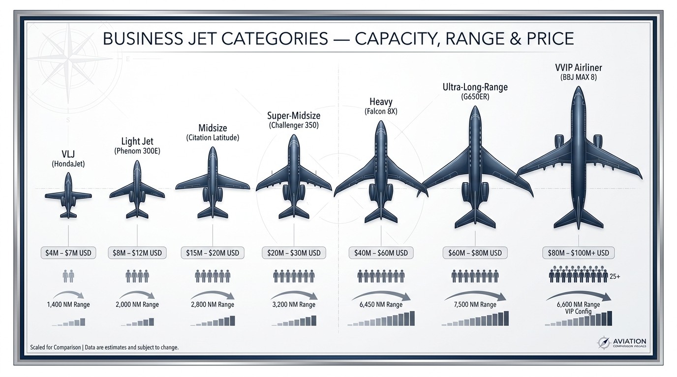 전용기 카테고리별 대표 기종 - BBJ MAX 8 ACJ TwoTwenty G700 Global 7500 G650ER Falcon 8X Challenger 350 Phenom 300E 비교