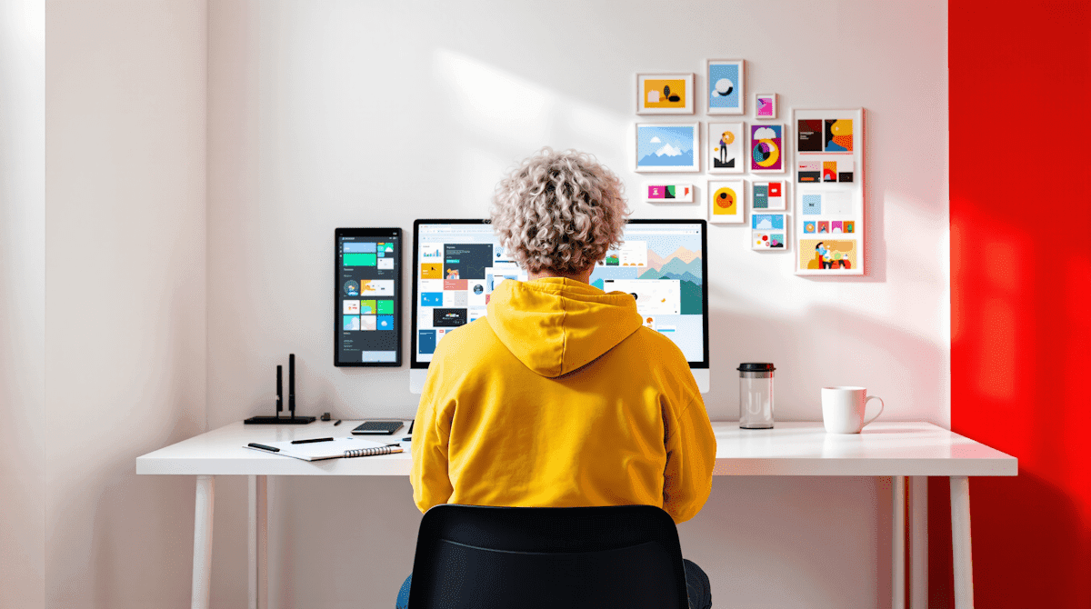 A person seated at a desk with a computer, against a vibrant red wall.