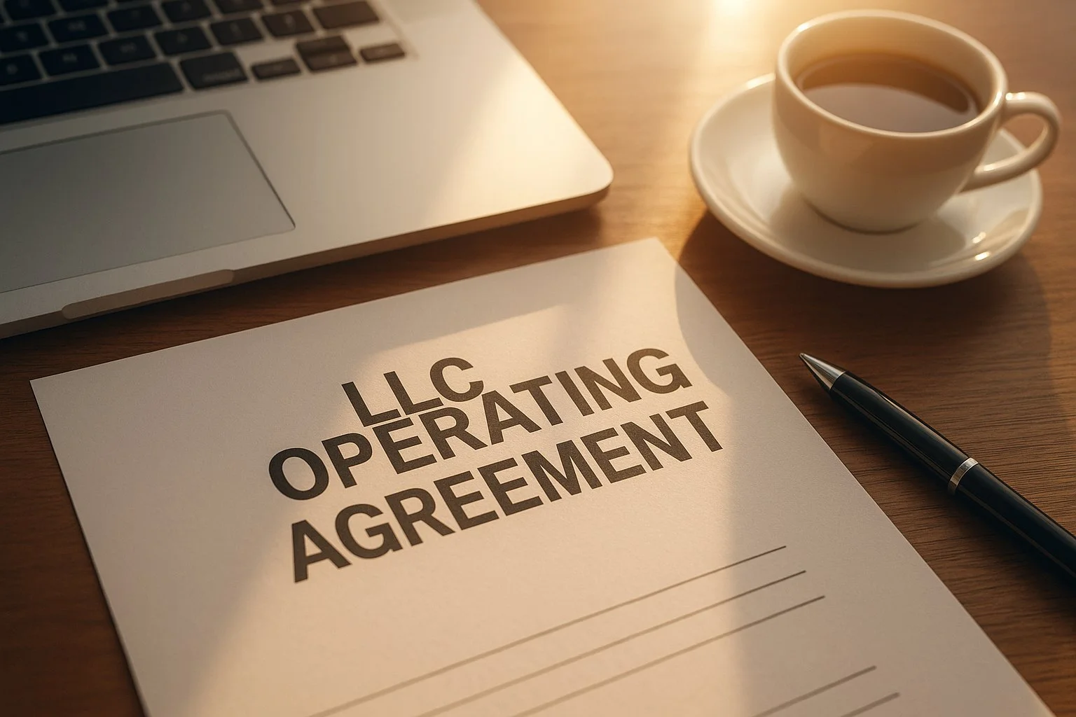 Close-up of a paper labeled “LLC Operating Agreement” on a wooden desk beside a pen, coffee cup, and laptop, with warm sunlight creating a professional tone.