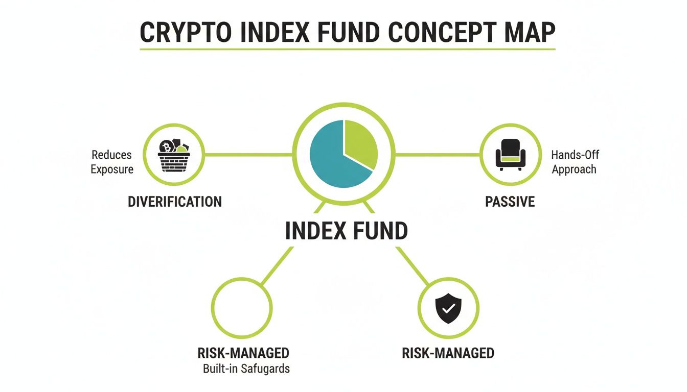 Concept map illustrating the benefits and characteristics of a crypto index fund: diversification, passive, and risk-managed.