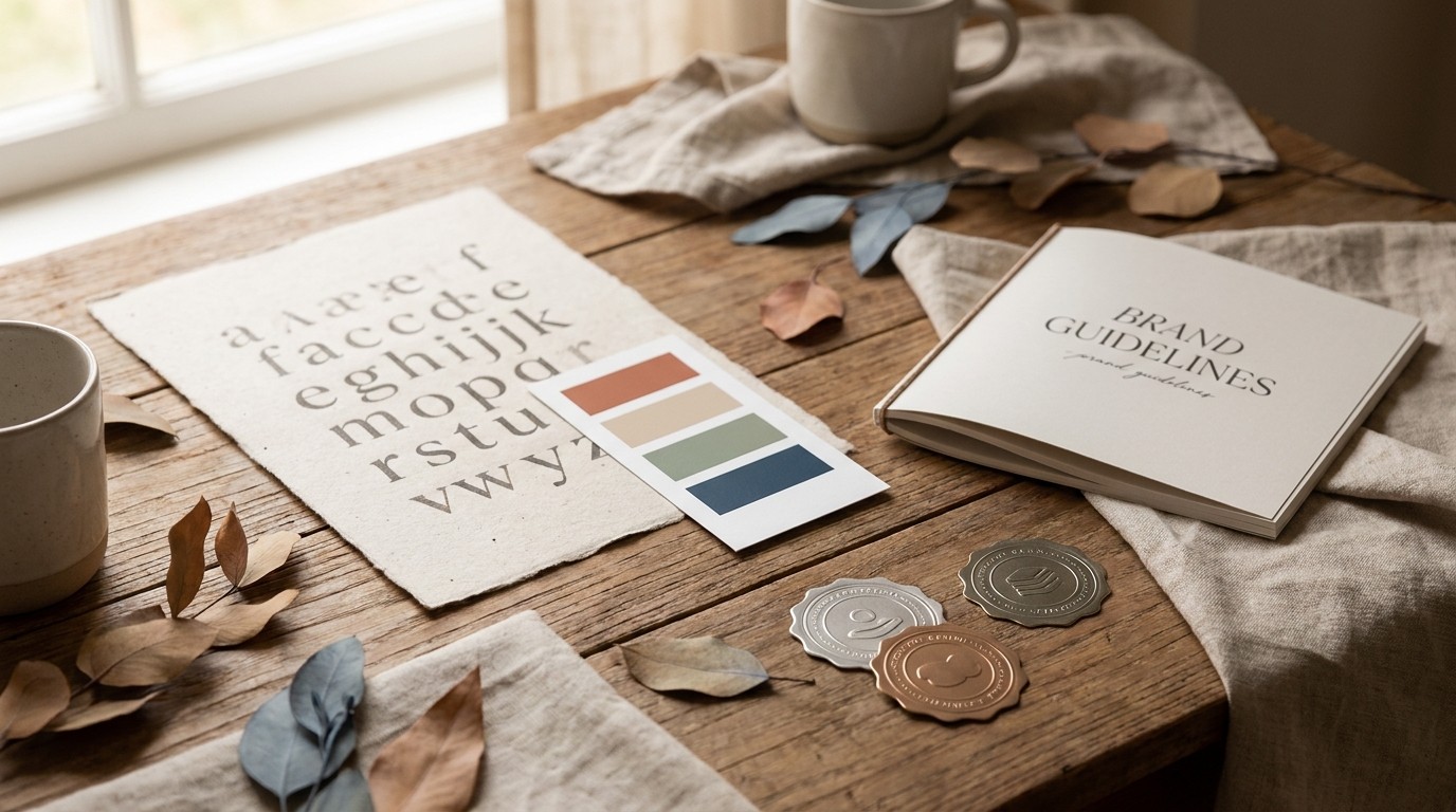 Visuelle Trust Signals im Webdesign mit Typografie, Farbpalette und Markenmaterialien