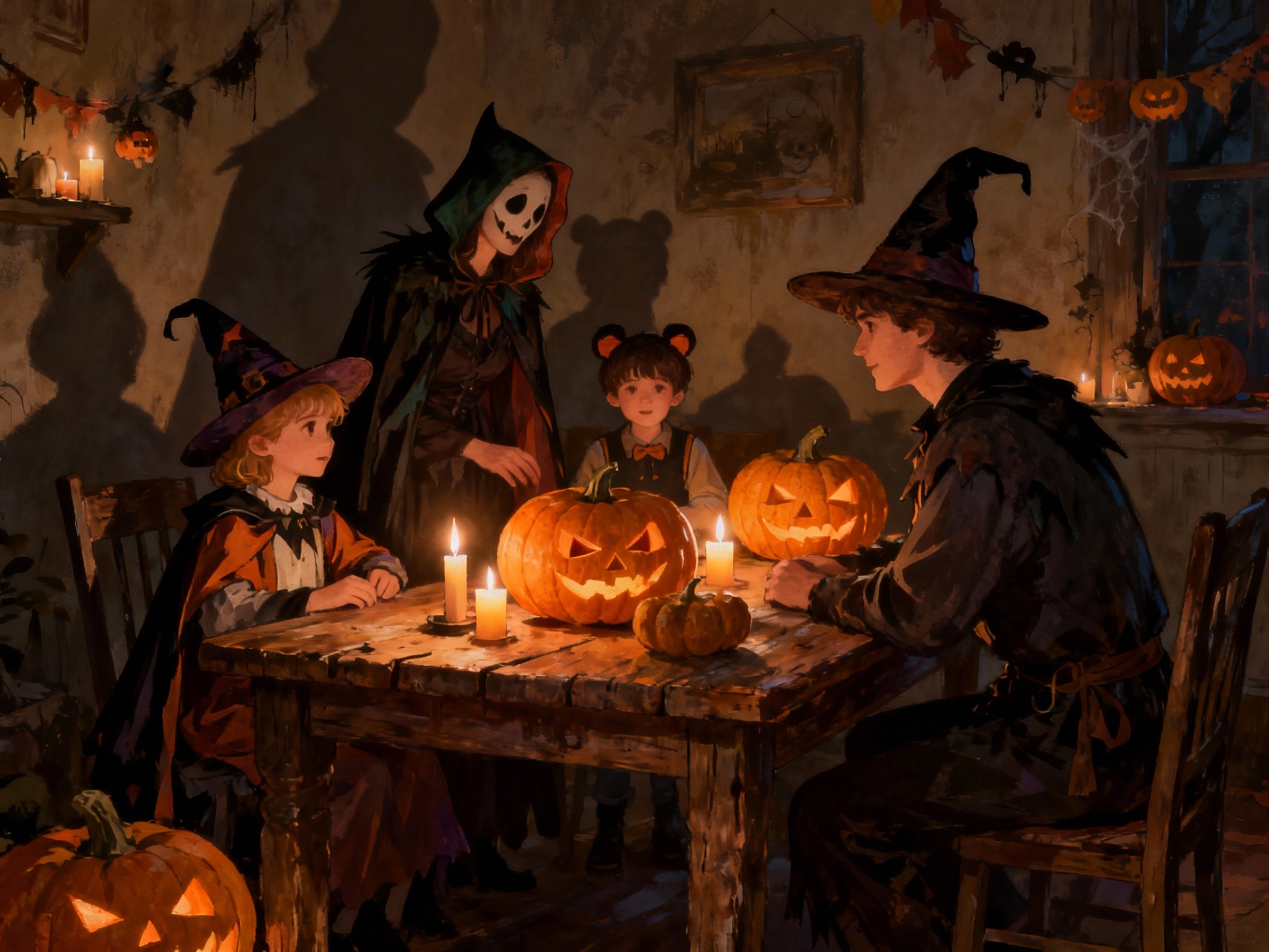 An intimate indoor scene of a family gathered around a rustic wooden table decorated with carved