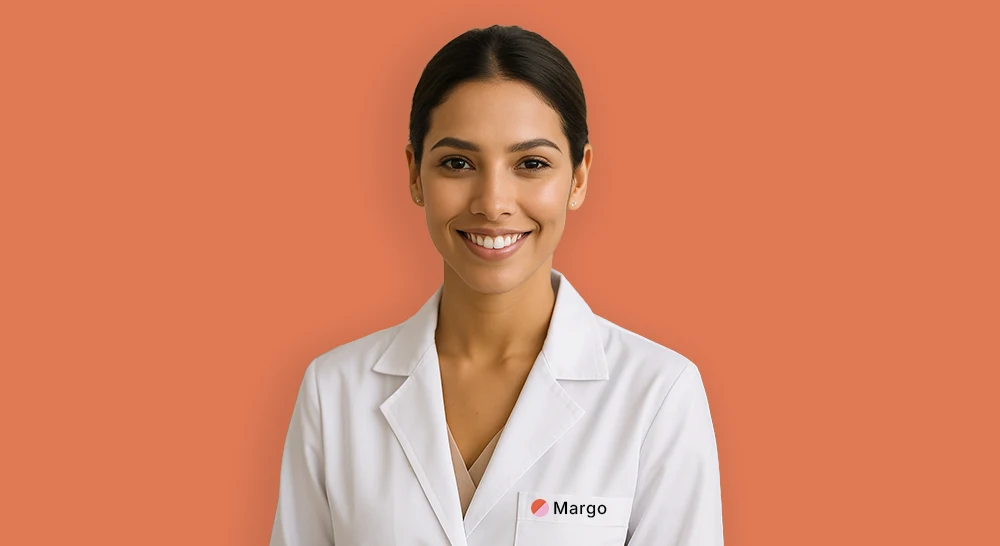 Portrait of Trially AI agent Margo in white coat against a soft orange background
