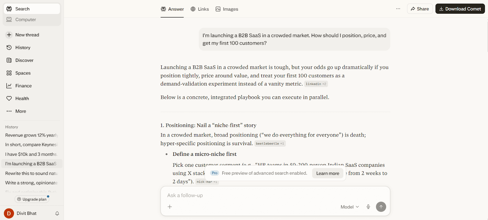 Perplexity Output for Building and positioning a product in a competitive market