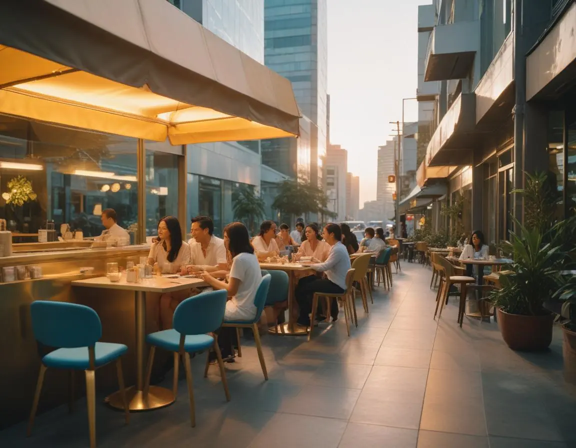 Southeast asian cafe with a lot of guests sitting on the street-side.